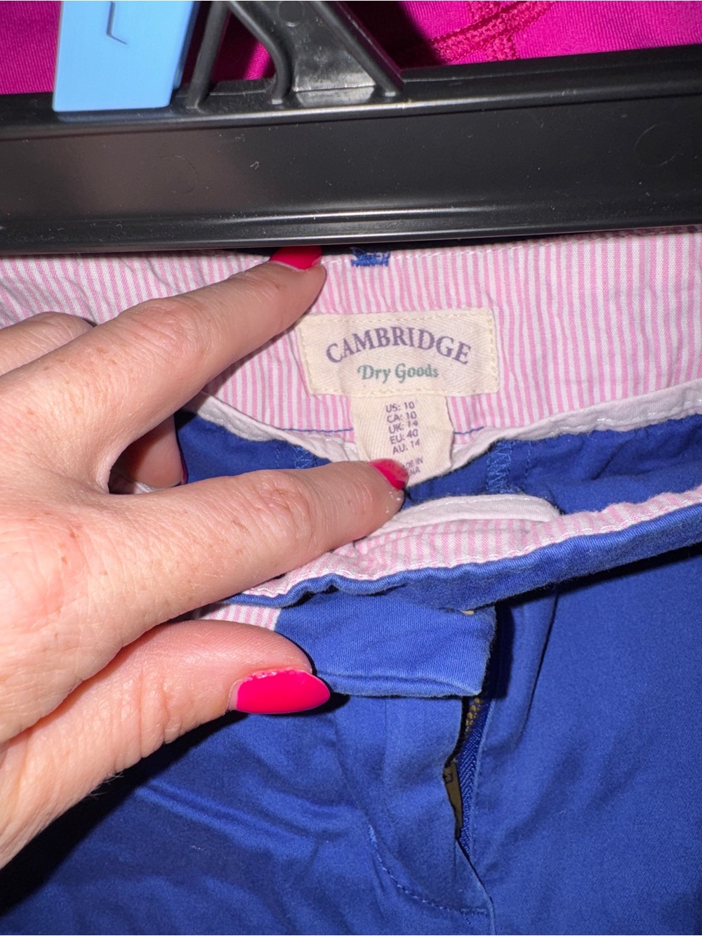 Cambridge Dry Goods Cobalt Blue Cotton Shorts with Pink Waistband Stripe